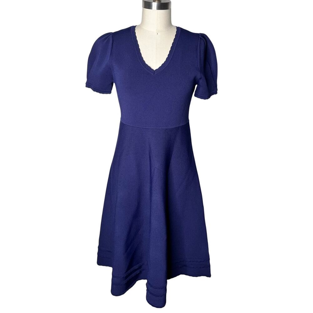 Rachel Parcell Scalloped V-Neck Puff Sleeve Fit & Flare Knit Dress Navy Size M